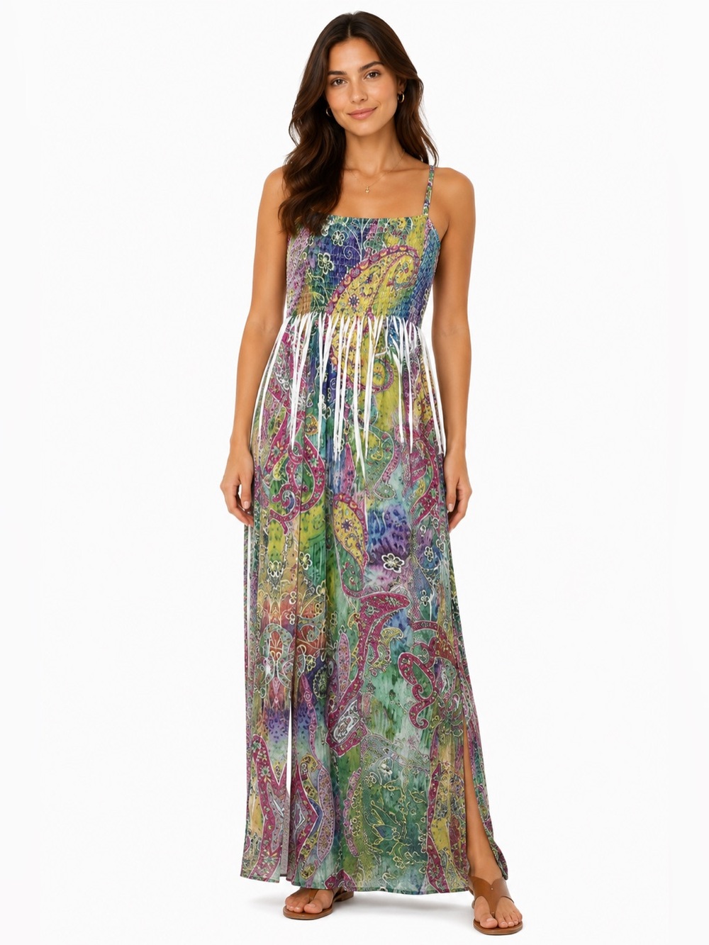 NEW Ocean-Blue-Basix-Of-America XL Paisley Maxi Dress Spaghetti Straps Smocked